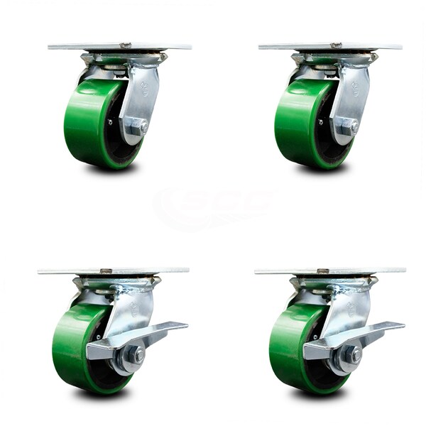 4 Inch Green Poly on Cast Iron Swivel Caster Set with Ball Bearings 2 Brakes SCC